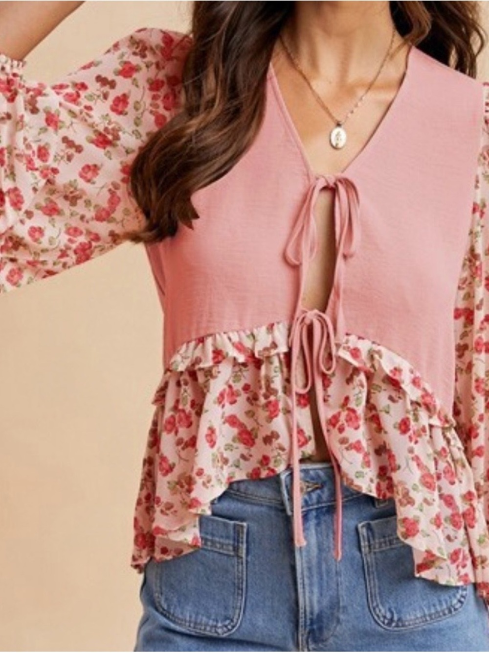 Women's Pink Floral Tie-Front Ruffle Blouse